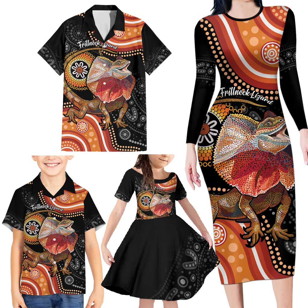 Personalised Australia Frilled Lizard Family Matching Long Sleeve Bodycon Dress and Hawaiian Shirt Aboriginal Art