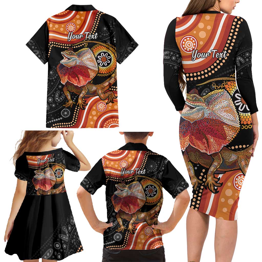 Personalised Australia Frilled Lizard Family Matching Long Sleeve Bodycon Dress and Hawaiian Shirt Aboriginal Art