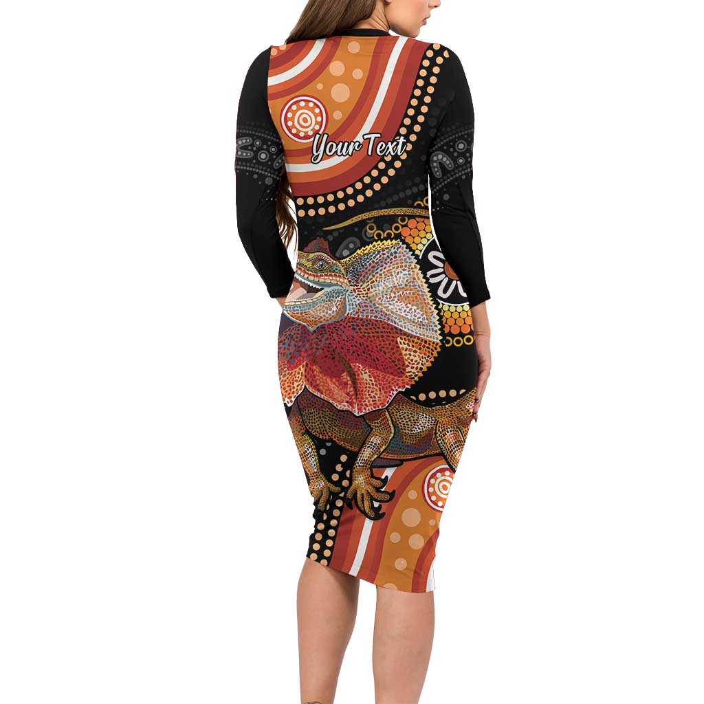 Personalised Australia Frilled Lizard Family Matching Long Sleeve Bodycon Dress and Hawaiian Shirt Aboriginal Art
