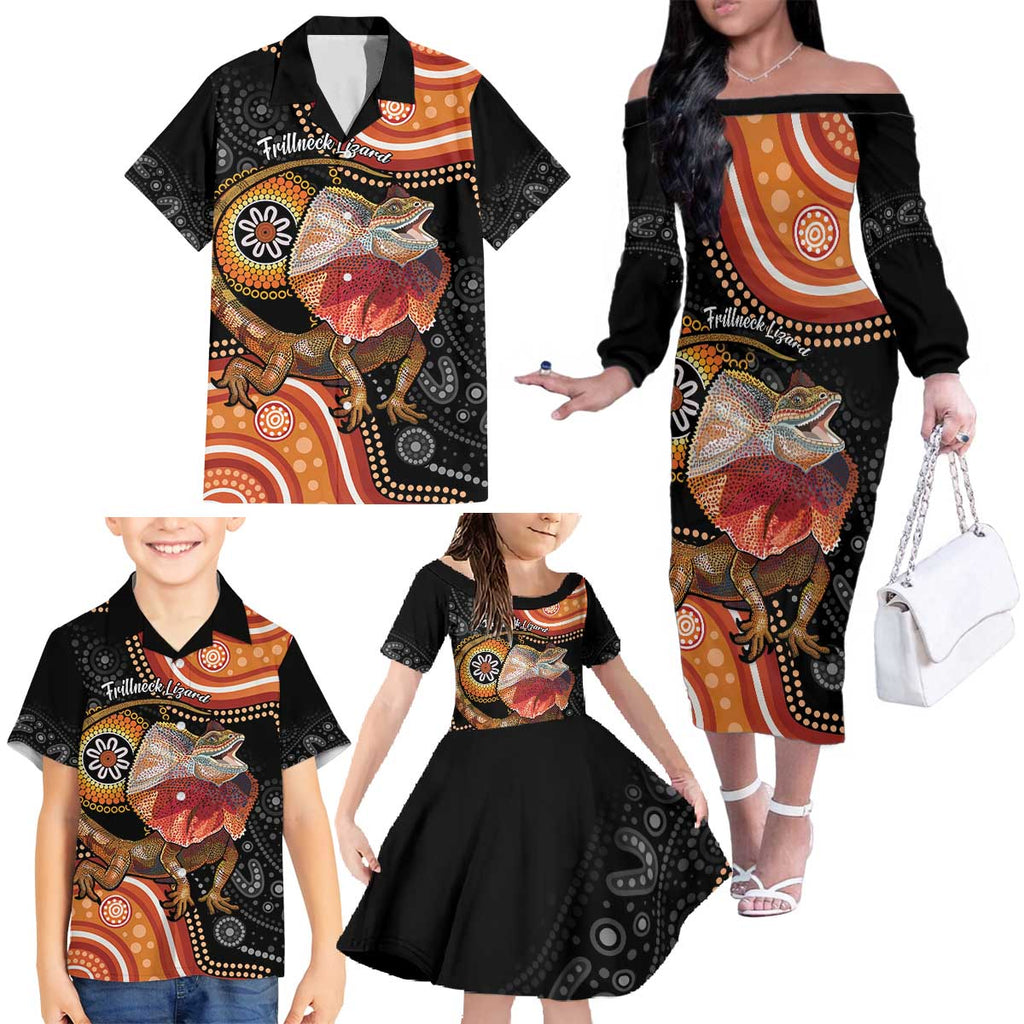 Personalised Australia Frilled Lizard Family Matching Off The Shoulder Long Sleeve Dress and Hawaiian Shirt Aboriginal Art