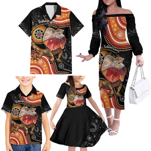 Personalised Australia Frilled Lizard Family Matching Off The Shoulder Long Sleeve Dress and Hawaiian Shirt Aboriginal Art