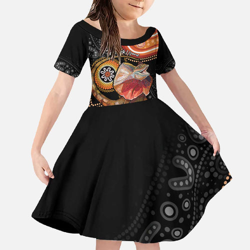 Personalised Australia Frilled Lizard Family Matching Off The Shoulder Long Sleeve Dress and Hawaiian Shirt Aboriginal Art