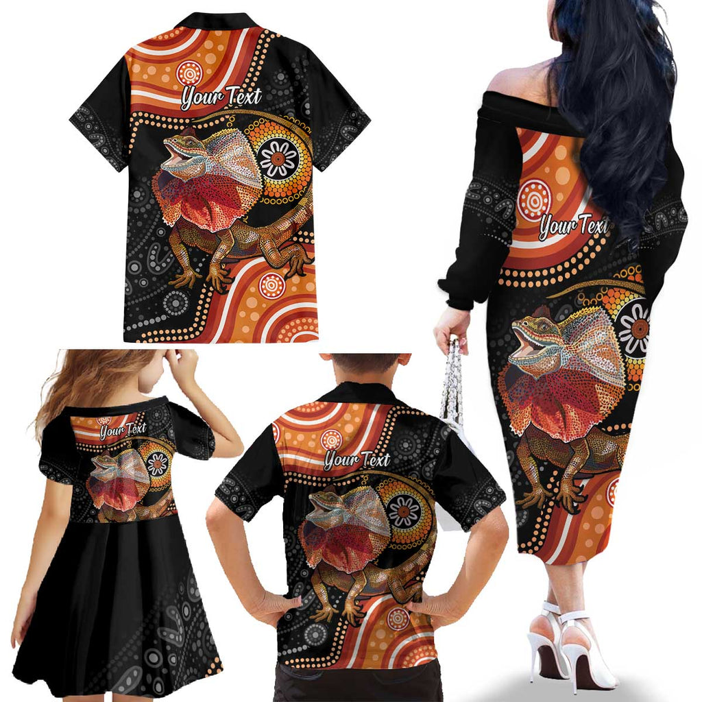 Personalised Australia Frilled Lizard Family Matching Off The Shoulder Long Sleeve Dress and Hawaiian Shirt Aboriginal Art