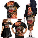 Personalised Australia Frilled Lizard Family Matching Off The Shoulder Long Sleeve Dress and Hawaiian Shirt Aboriginal Art