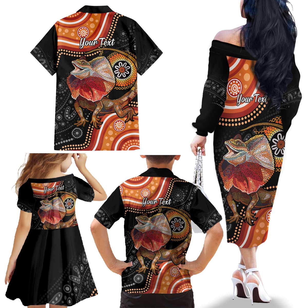 Personalised Australia Frilled Lizard Family Matching Off The Shoulder Long Sleeve Dress and Hawaiian Shirt Aboriginal Art