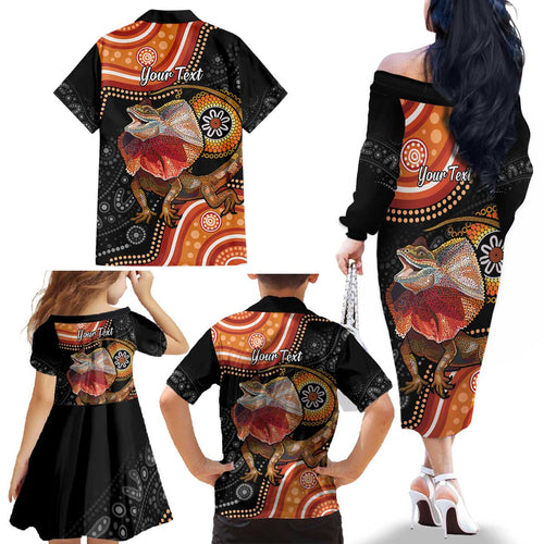 Personalised Australia Frilled Lizard Family Matching Off The Shoulder Long Sleeve Dress and Hawaiian Shirt Aboriginal Art