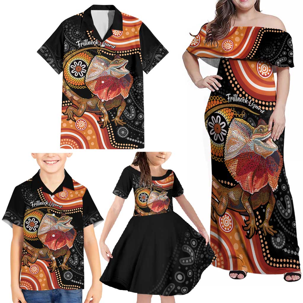 Personalised Australia Frilled Lizard Family Matching Off Shoulder Maxi Dress and Hawaiian Shirt Aboriginal Art