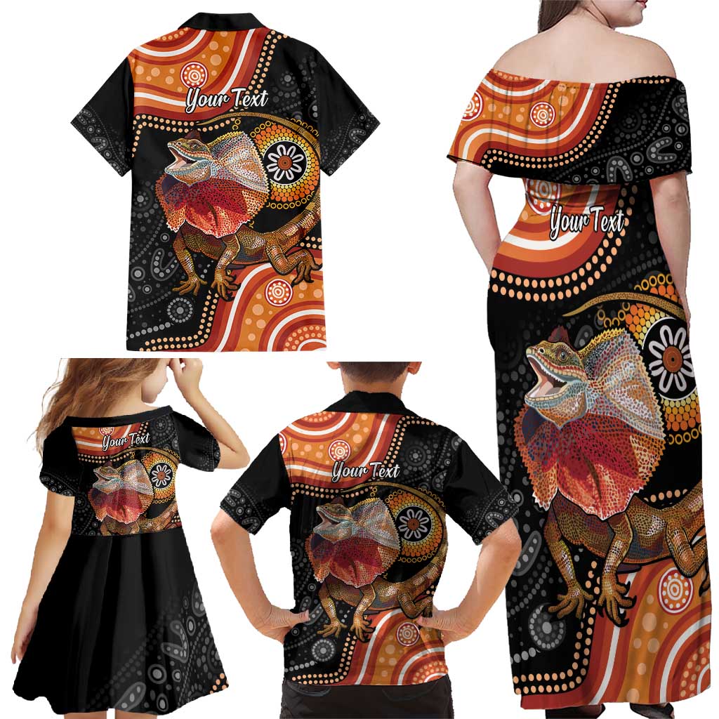 Personalised Australia Frilled Lizard Family Matching Off Shoulder Maxi Dress and Hawaiian Shirt Aboriginal Art