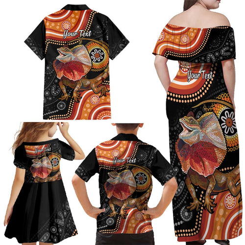 Personalised Australia Frilled Lizard Family Matching Off Shoulder Maxi Dress and Hawaiian Shirt Aboriginal Art