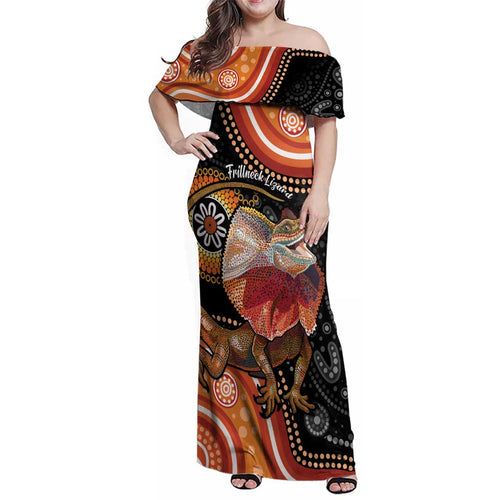Personalised Australia Frilled Lizard Family Matching Off Shoulder Maxi Dress and Hawaiian Shirt Aboriginal Art