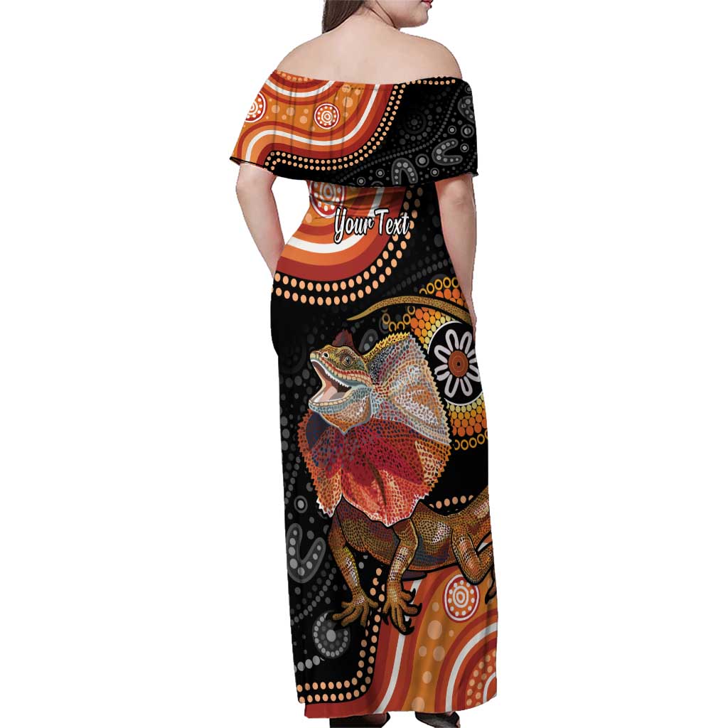 Personalised Australia Frilled Lizard Family Matching Off Shoulder Maxi Dress and Hawaiian Shirt Aboriginal Art