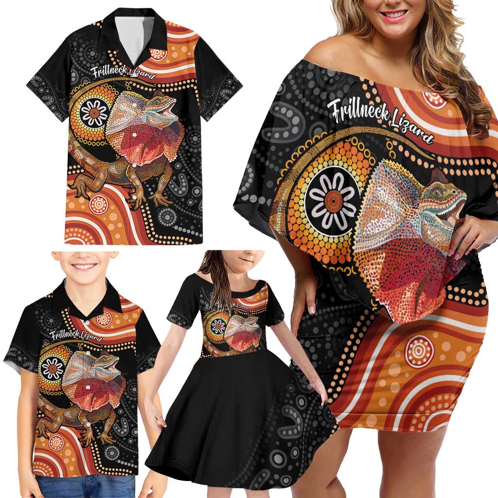 Personalised Australia Frilled Lizard Family Matching Off Shoulder Short Dress and Hawaiian Shirt Aboriginal Art