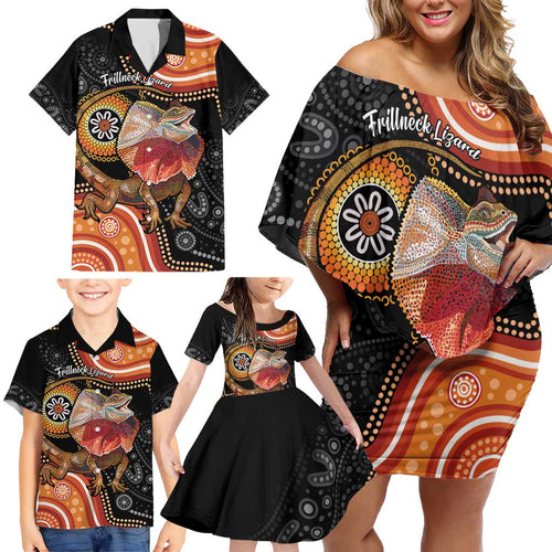 Personalised Australia Frilled Lizard Family Matching Off Shoulder Short Dress and Hawaiian Shirt Aboriginal Art