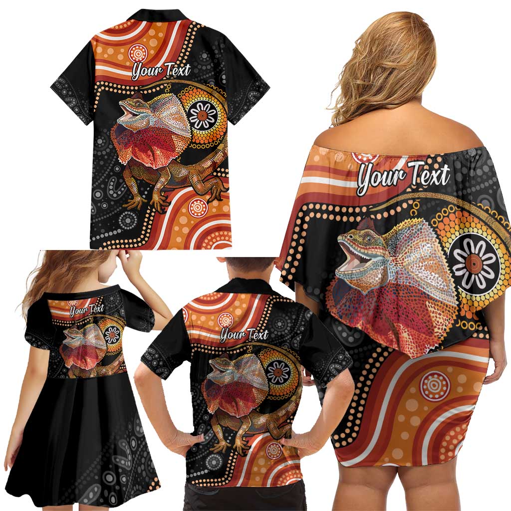 Personalised Australia Frilled Lizard Family Matching Off Shoulder Short Dress and Hawaiian Shirt Aboriginal Art