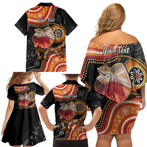 Personalised Australia Frilled Lizard Family Matching Off Shoulder Short Dress and Hawaiian Shirt Aboriginal Art