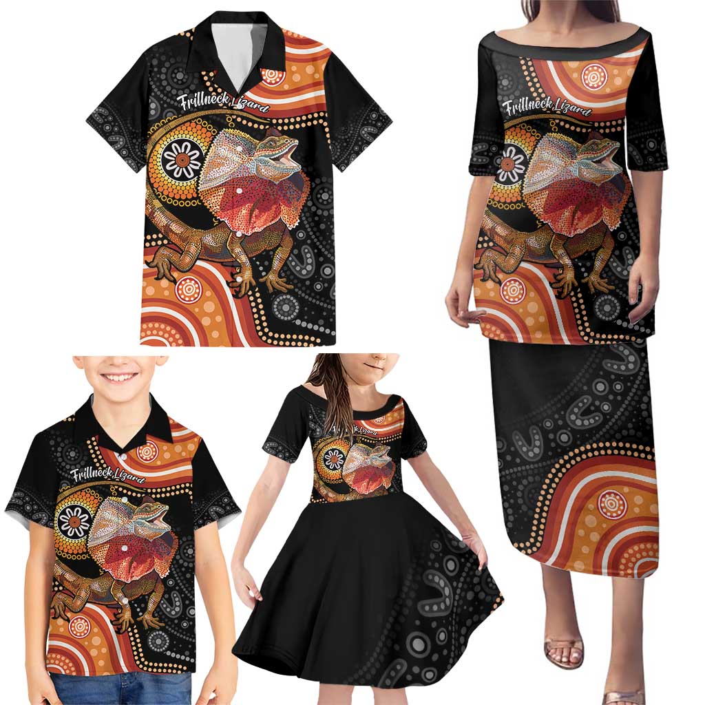 Personalised Australia Frilled Lizard Family Matching Puletasi and Hawaiian Shirt Aboriginal Art