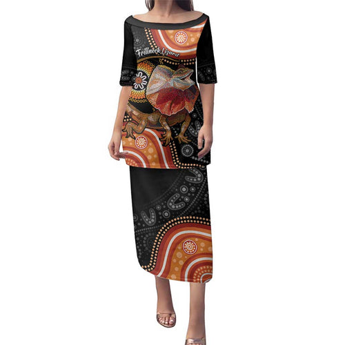 Personalised Australia Frilled Lizard Family Matching Puletasi and Hawaiian Shirt Aboriginal Art