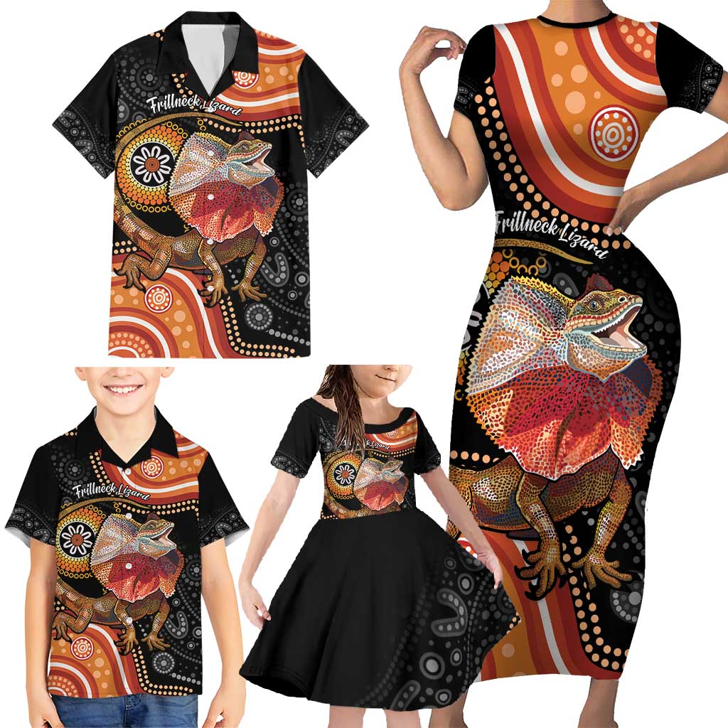 Personalised Australia Frilled Lizard Family Matching Short Sleeve Bodycon Dress and Hawaiian Shirt Aboriginal Art