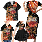 Personalised Australia Frilled Lizard Family Matching Short Sleeve Bodycon Dress and Hawaiian Shirt Aboriginal Art
