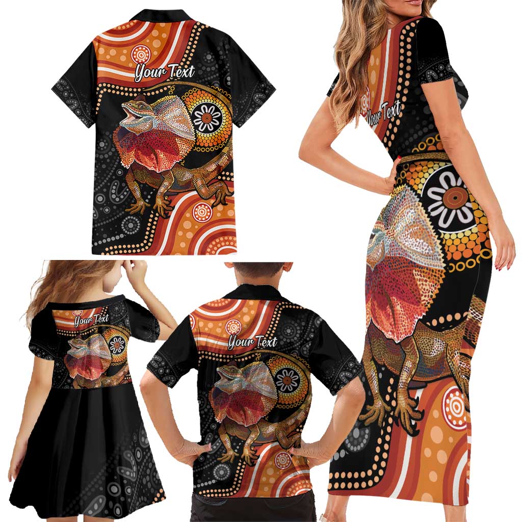 Personalised Australia Frilled Lizard Family Matching Short Sleeve Bodycon Dress and Hawaiian Shirt Aboriginal Art