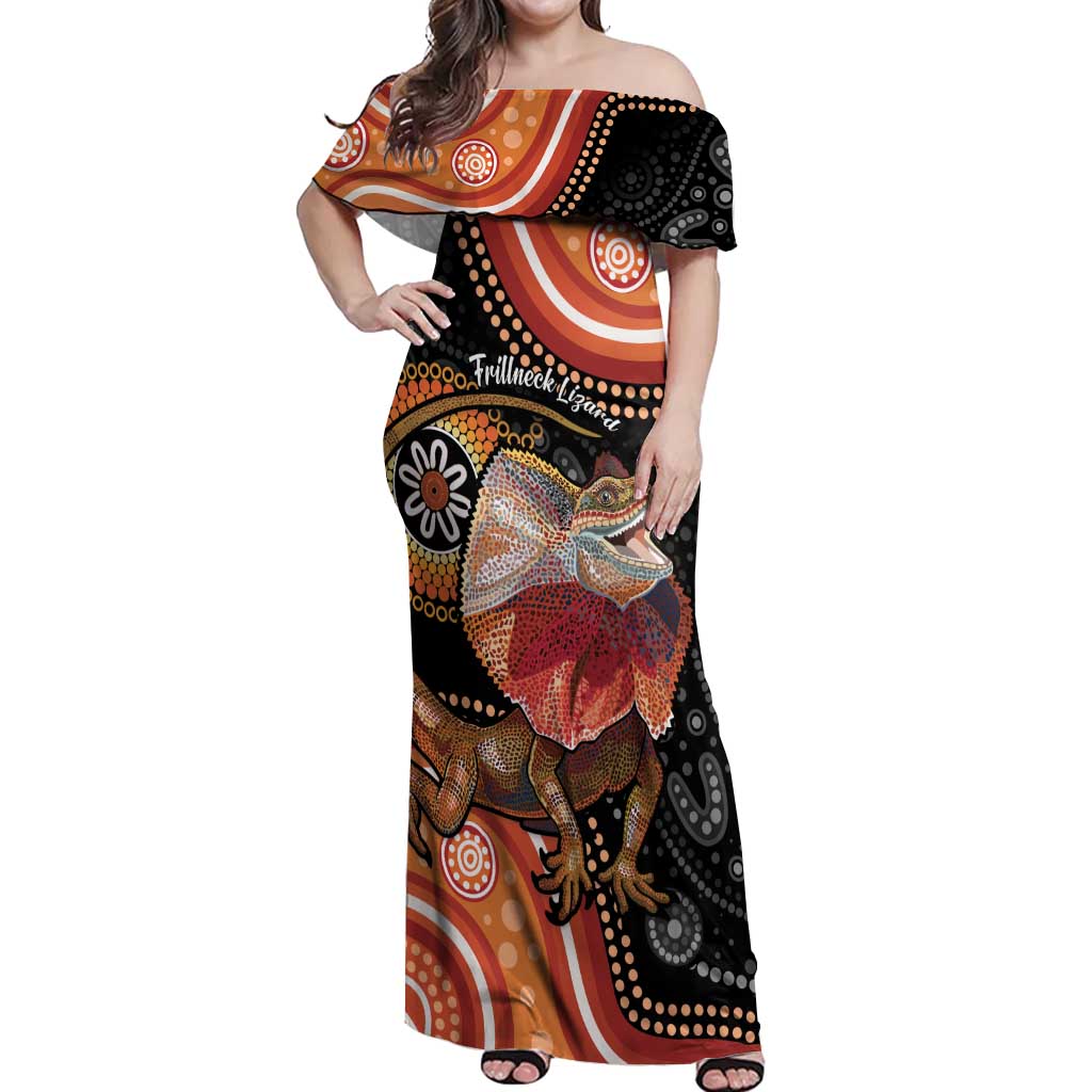 Personalised Australia Frilled Lizard Off Shoulder Maxi Dress Aboriginal Art