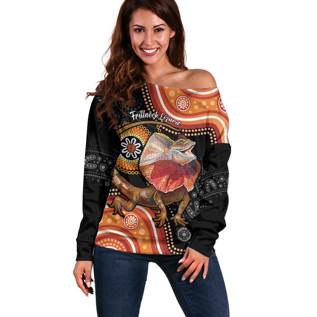 Personalised Australia Frilled Lizard Off Shoulder Sweater Aboriginal Art