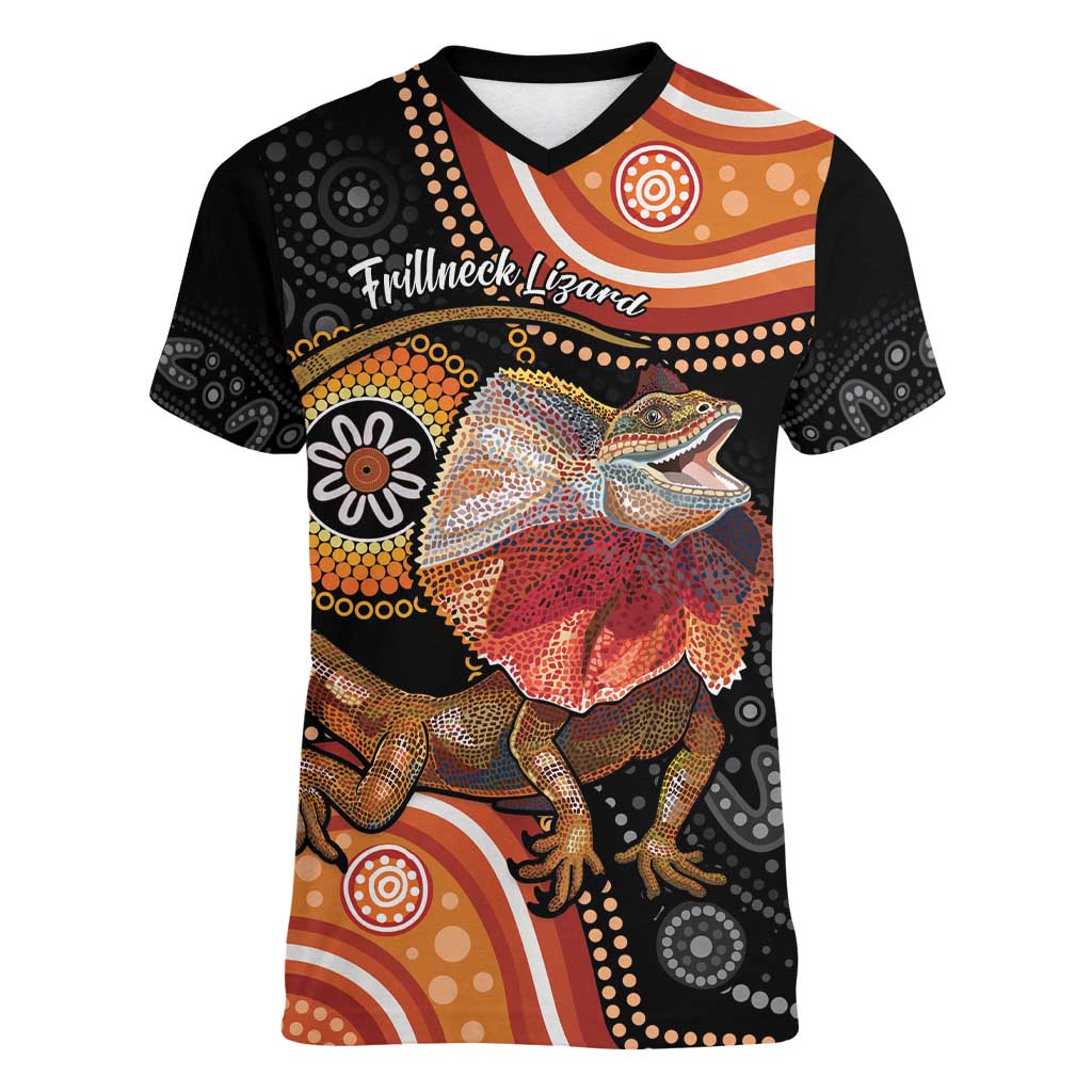 Personalised Australia Frilled Lizard Women V-Neck T-Shirt Aboriginal Art
