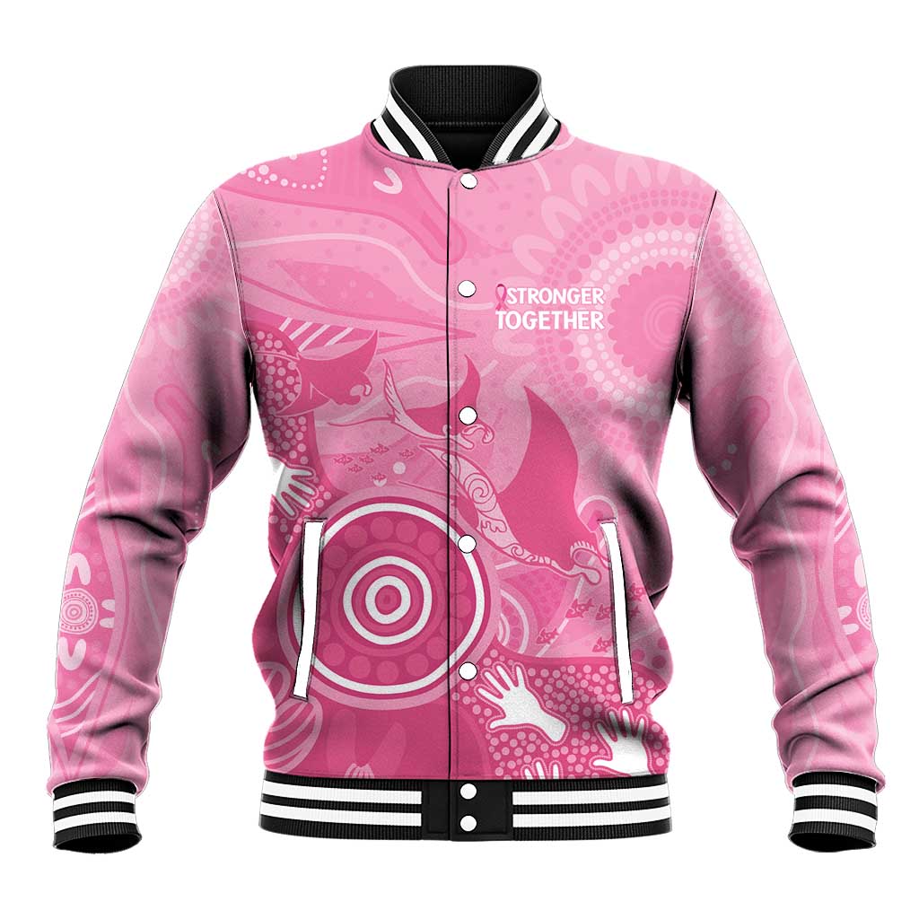 Australia Breast Cancer Awareness Baseball Jacket Pink Ribbon Manta Ray Aboriginal Art - Aussie Hoodie