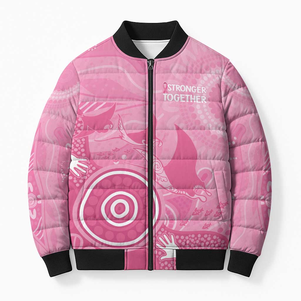 Australia Breast Cancer Awareness Bomber Puffer Jacket Pink Ribbon Manta Ray Aboriginal Art - Aussie Hoodie