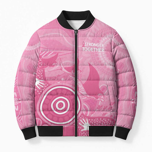 Australia Breast Cancer Awareness Bomber Puffer Jacket Pink Ribbon Manta Ray Aboriginal Art - Aussie Hoodie