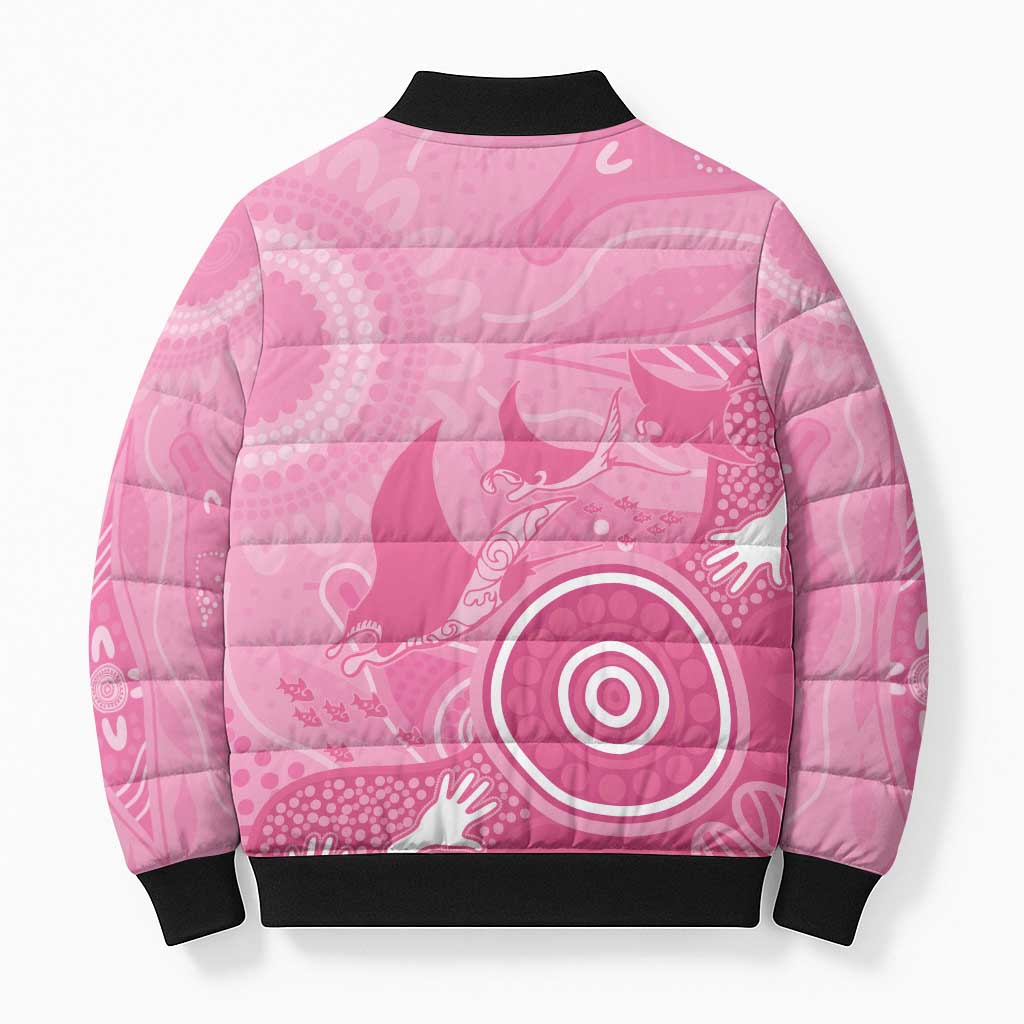 Australia Breast Cancer Awareness Bomber Puffer Jacket Pink Ribbon Manta Ray Aboriginal Art - Aussie Hoodie
