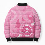 Australia Breast Cancer Awareness Bomber Puffer Jacket Pink Ribbon Manta Ray Aboriginal Art - Aussie Hoodie