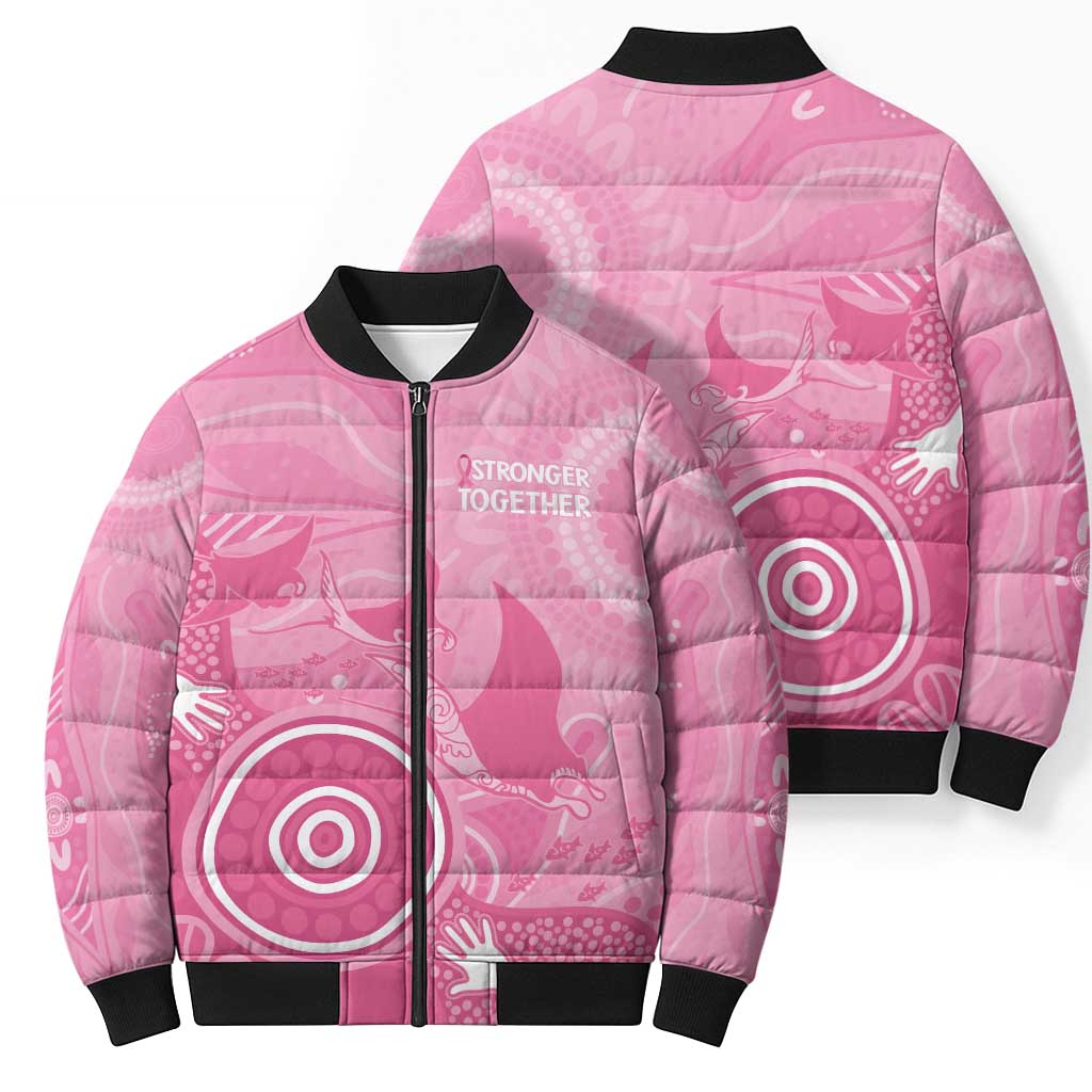 Australia Breast Cancer Awareness Bomber Puffer Jacket Pink Ribbon Manta Ray Aboriginal Art - Aussie Hoodie