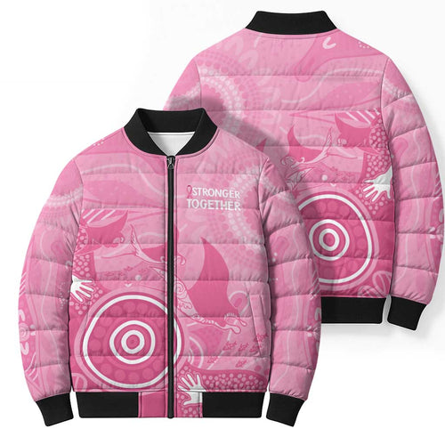 Australia Breast Cancer Awareness Bomber Puffer Jacket Pink Ribbon Manta Ray Aboriginal Art - Aussie Hoodie
