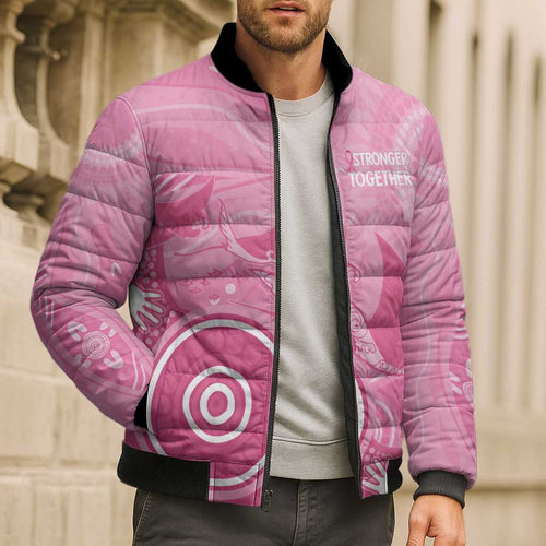 Australia Breast Cancer Awareness Bomber Puffer Jacket Pink Ribbon Manta Ray Aboriginal Art - Aussie Hoodie