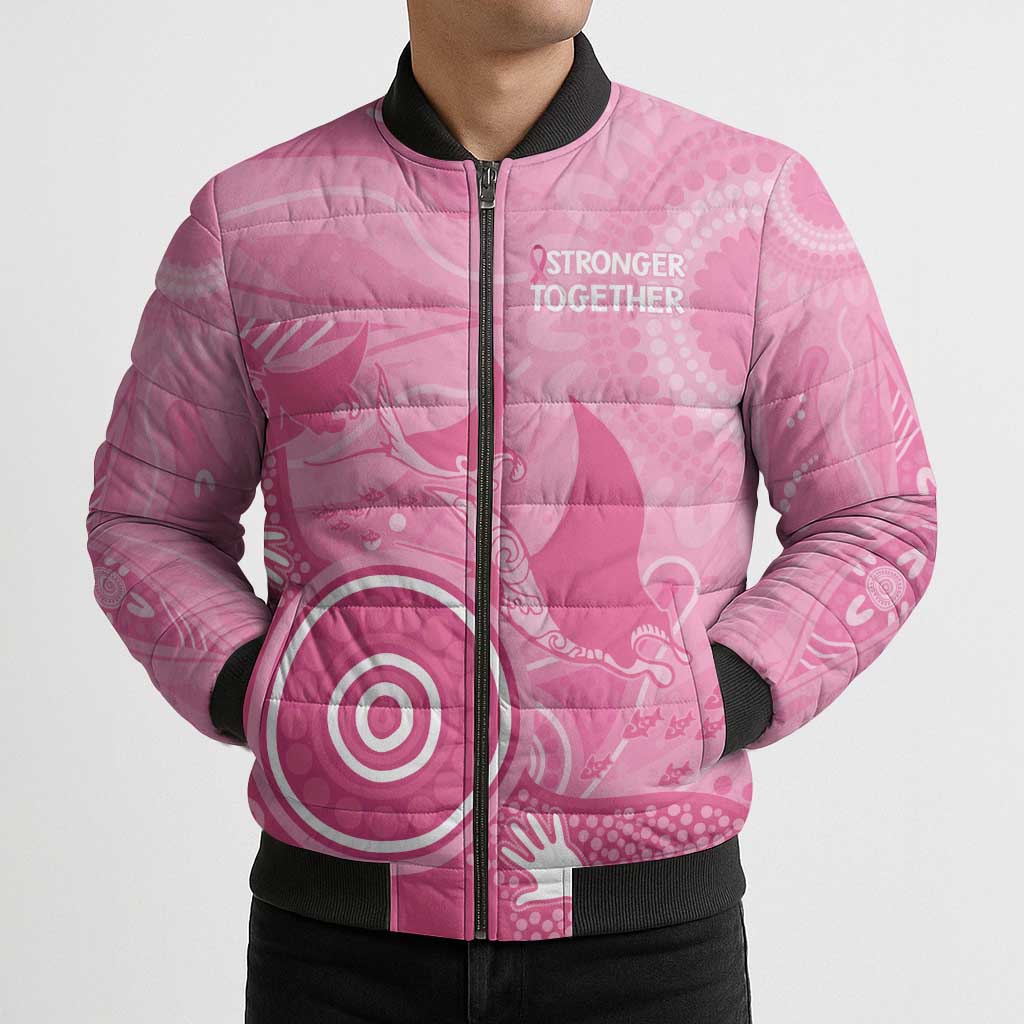 Australia Breast Cancer Awareness Bomber Puffer Jacket Pink Ribbon Manta Ray Aboriginal Art - Aussie Hoodie