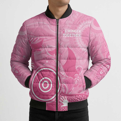 Australia Breast Cancer Awareness Bomber Puffer Jacket Pink Ribbon Manta Ray Aboriginal Art - Aussie Hoodie