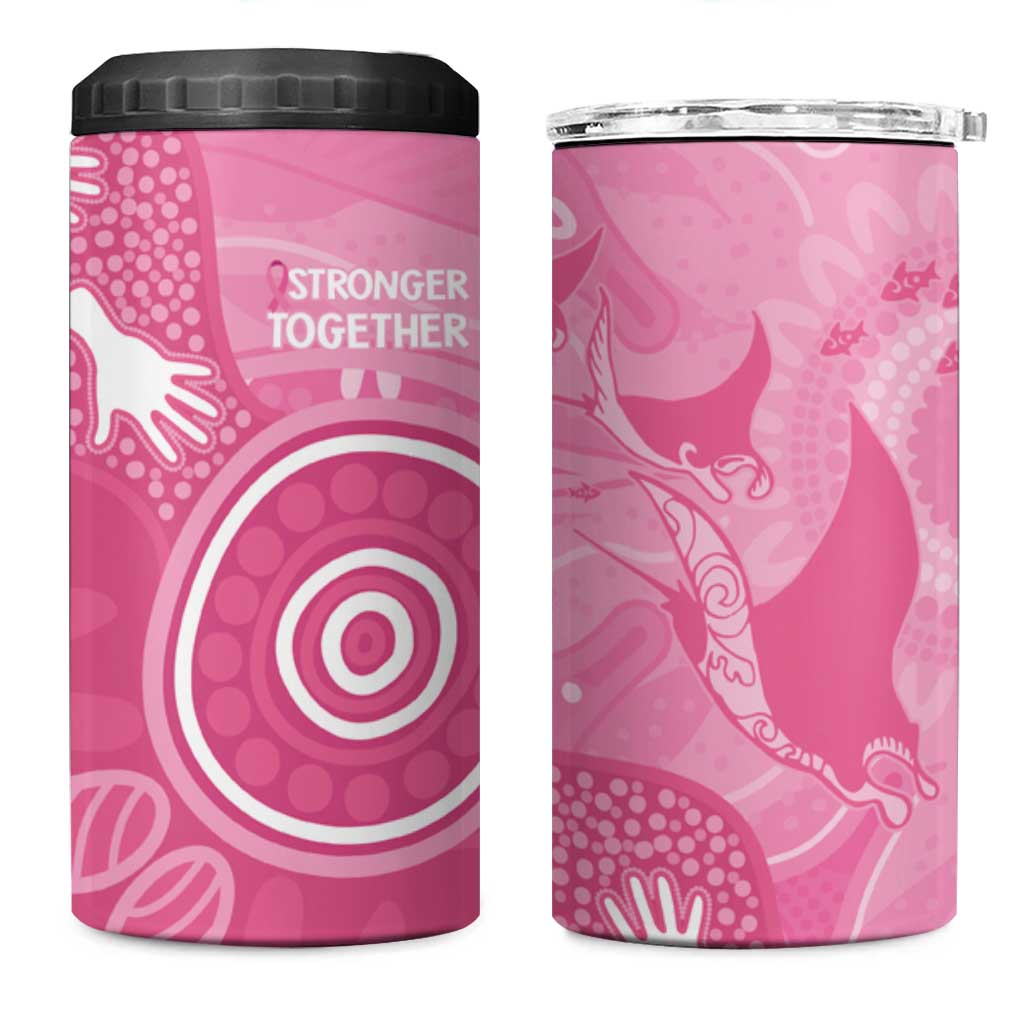 Australia Breast Cancer Awareness 4 in 1 Can Cooler Tumbler Pink Ribbon Manta Ray Aboriginal Art - Aussie Hoodie