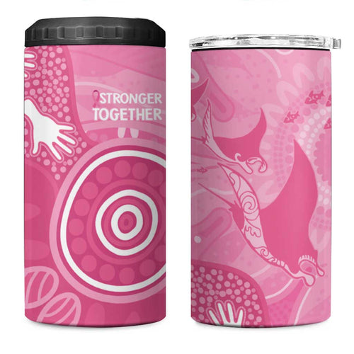 Australia Breast Cancer Awareness 4 in 1 Can Cooler Tumbler Pink Ribbon Manta Ray Aboriginal Art - Aussie Hoodie