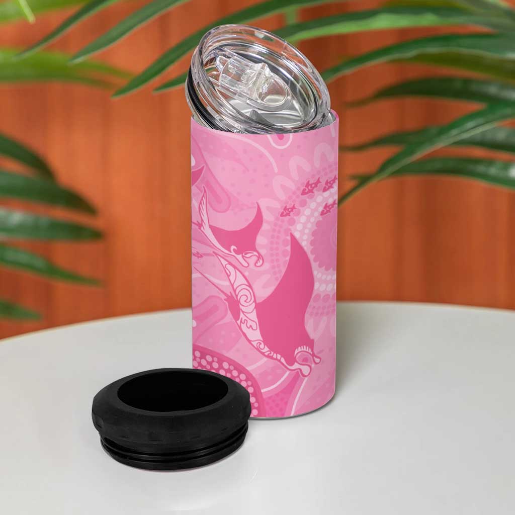 Australia Breast Cancer Awareness 4 in 1 Can Cooler Tumbler Pink Ribbon Manta Ray Aboriginal Art - Aussie Hoodie