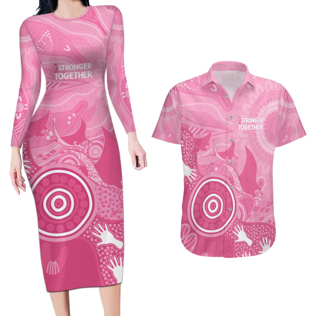 Australia Breast Cancer Awareness Couples Matching Long Sleeve Bodycon Dress and Hawaiian Shirt Pink Ribbon Manta Ray Aboriginal Art - Aussie Hoodie