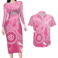 Australia Breast Cancer Awareness Couples Matching Long Sleeve Bodycon Dress and Hawaiian Shirt Pink Ribbon Manta Ray Aboriginal Art - Aussie Hoodie