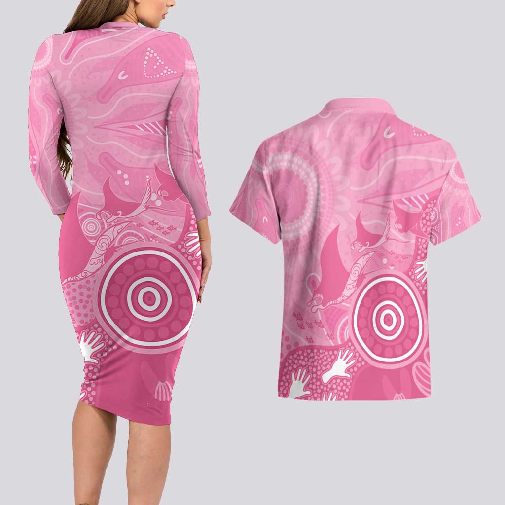 Australia Breast Cancer Awareness Couples Matching Long Sleeve Bodycon Dress and Hawaiian Shirt Pink Ribbon Manta Ray Aboriginal Art - Aussie Hoodie