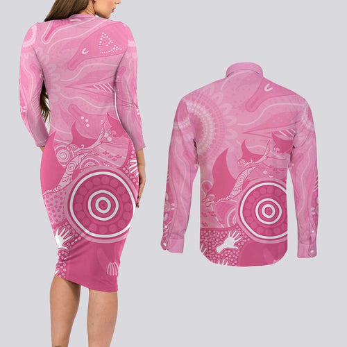 Australia Breast Cancer Awareness Couples Matching Long Sleeve Bodycon Dress and Long Sleeve Button Shirt Pink Ribbon Manta Ray Aboriginal Art - Aussie Hoodie