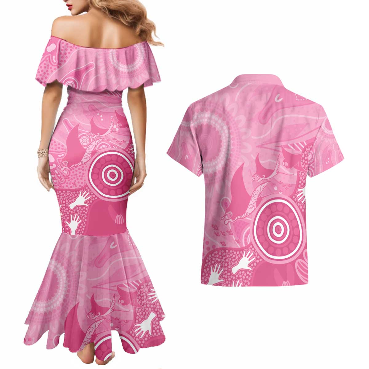 Australia Breast Cancer Awareness Couples Matching Mermaid Dress and Hawaiian Shirt Pink Ribbon Manta Ray Aboriginal Art - Aussie Hoodie