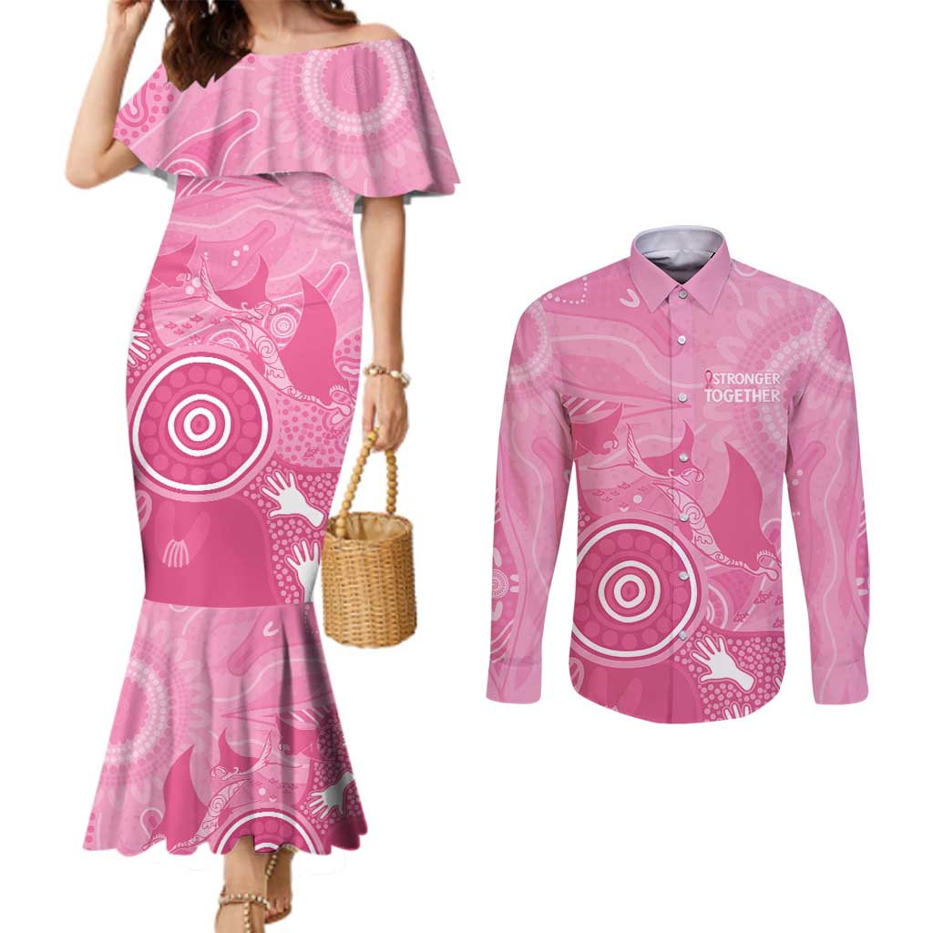 Australia Breast Cancer Awareness Couples Matching Mermaid Dress and Long Sleeve Button Shirt Pink Ribbon Manta Ray Aboriginal Art - Aussie Hoodie