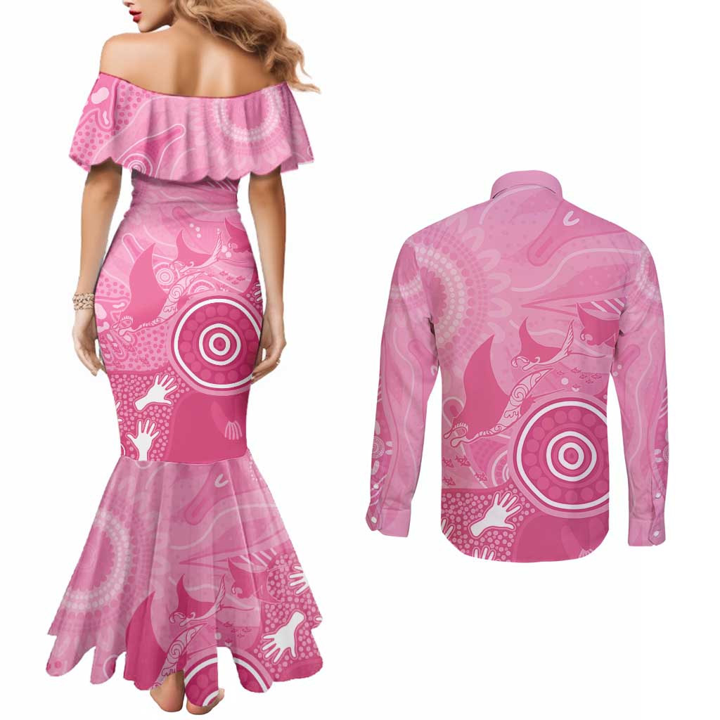 Australia Breast Cancer Awareness Couples Matching Mermaid Dress and Long Sleeve Button Shirt Pink Ribbon Manta Ray Aboriginal Art - Aussie Hoodie