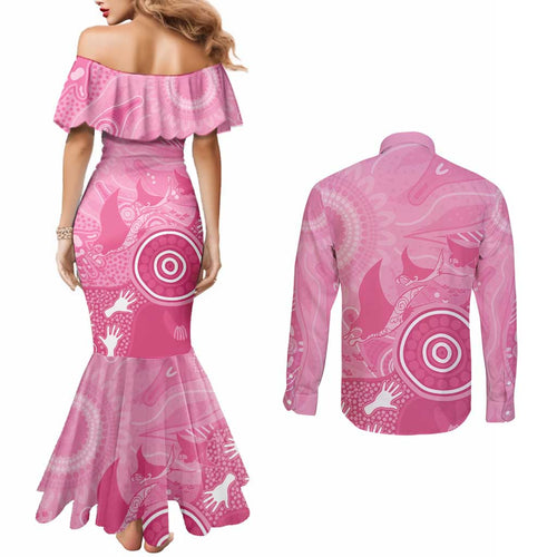 Australia Breast Cancer Awareness Couples Matching Mermaid Dress and Long Sleeve Button Shirt Pink Ribbon Manta Ray Aboriginal Art - Aussie Hoodie