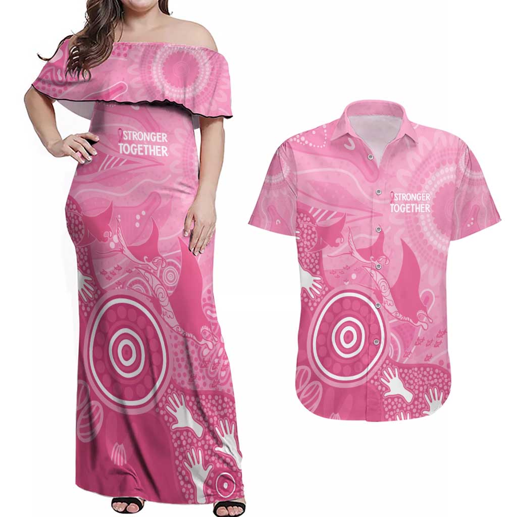 Australia Breast Cancer Awareness Couples Matching Off Shoulder Maxi Dress and Hawaiian Shirt Pink Ribbon Manta Ray Aboriginal Art - Aussie Hoodie
