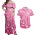 Australia Breast Cancer Awareness Couples Matching Off Shoulder Maxi Dress and Hawaiian Shirt Pink Ribbon Manta Ray Aboriginal Art - Aussie Hoodie